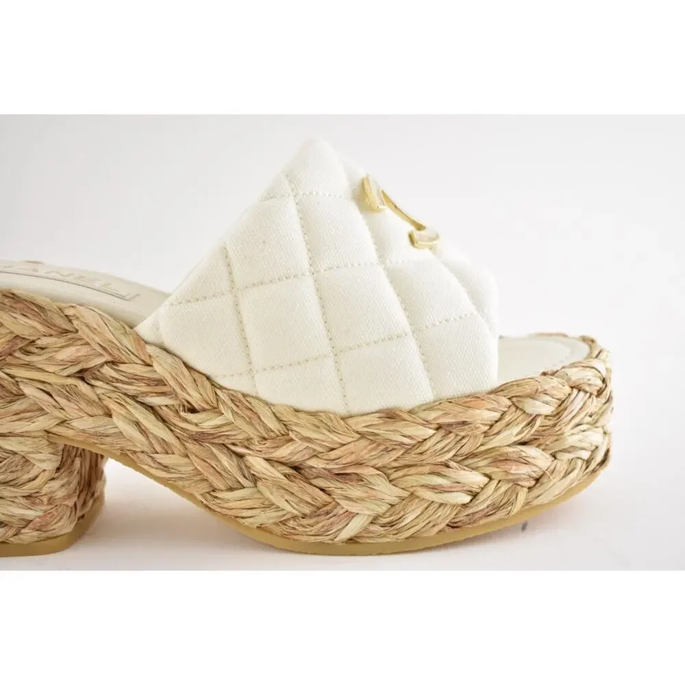 Chanel 25C White Cotton CC Logo Platform Wedge Slide Block Heel Mule Sandal 40